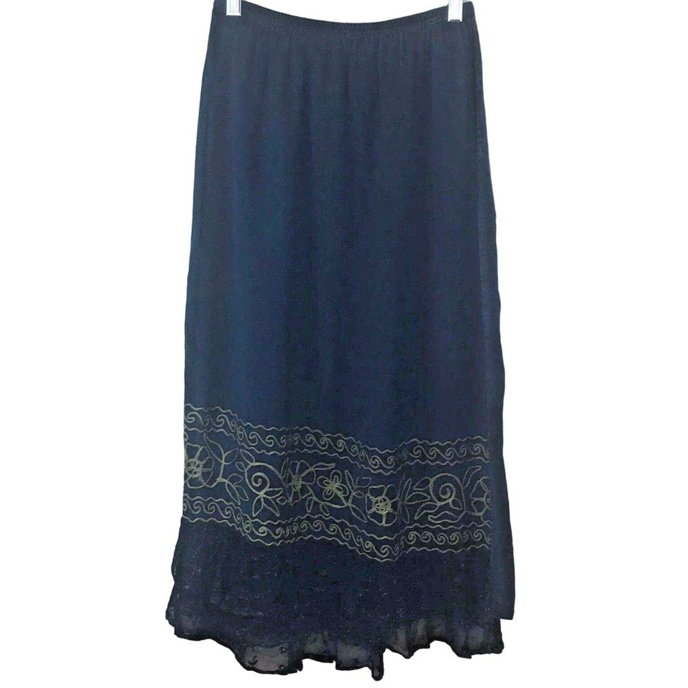 Sacred Threads Embroidered Chambray Skirt S Blue Sheer Eyelet Trim Elastic Waist